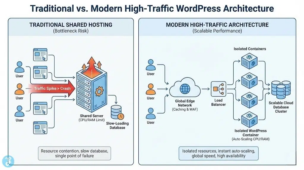 Infographic comparing traditional shared hosting bottlenecks with modern high-traffic WordPress architecture using auto-scaling containers and global edge networks.