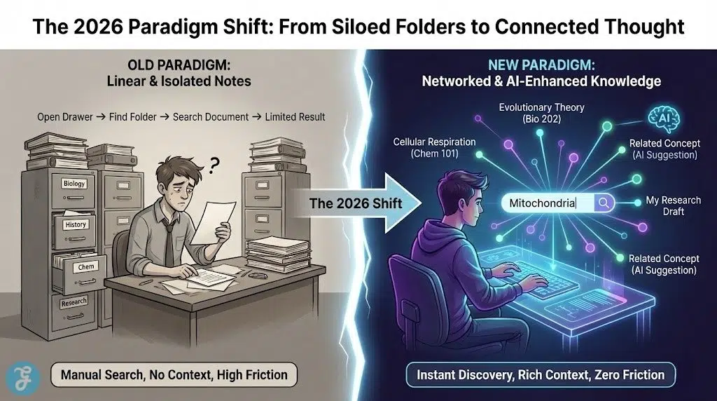 A split-screen infographic illustrating the note-taking paradigm shift. On the left, a stressed student manually searches through physical file cabinets. On the right, an energized student at a futuristic interface instantly discovers interconnected concepts and AI suggestions, showing the power of networked knowledge.