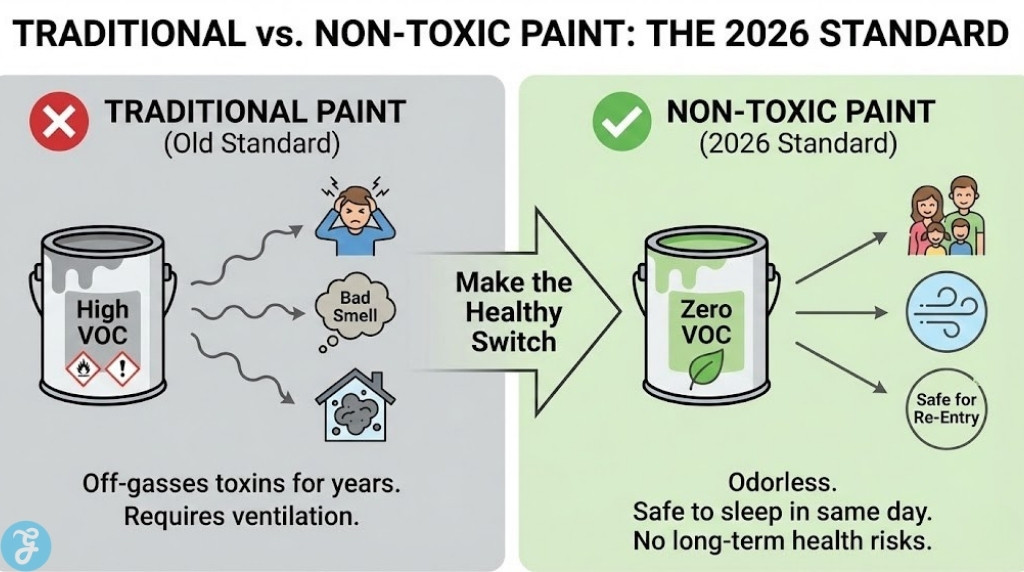 Infographic comparison titled 'Traditional vs. Non-Toxic Paint: The 2026 Standard'. The left side shows a 'Traditional Paint (High VOC)' can with icons for bad smell and health issues. An arrow points to the right side showing a 'Non-Toxic Paint (Zero VOC)' can with icons for fresh air and safety for families, with the text 'Make the Healthy Switch'.