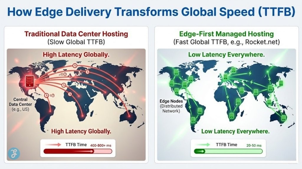 A comparison map titled "How Edge Delivery Transforms Global Speed". The left panel shows a single US data center with slow red signal lines. The right panel shows a distributed Rocket.net edge network with fast green signal lines reaching users globally.