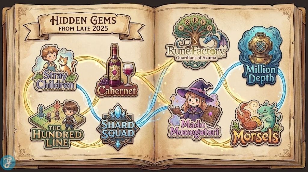 Collage illustration of eight underrated RPG game logos from late 2025 presented in an adventurer's journal.