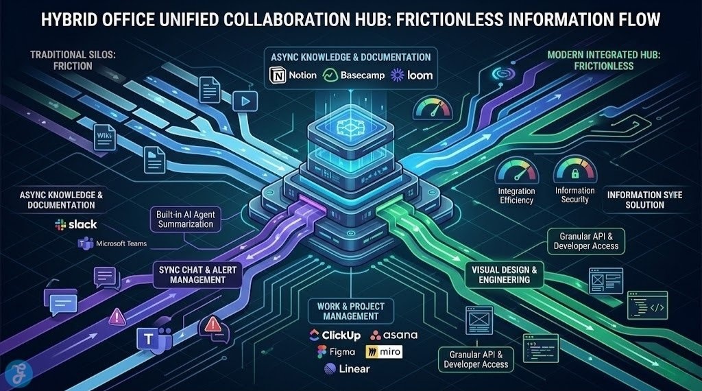 Infographic titled 'HYBRID OFFICE UNIFIED COLLABORATION HUB: FRICTIONLESS INFORMATION FLOW' visualizing physical and digital integration. A central structure connects functional branches for Async Knowledge (Notion, Basecamp, Loom), Sync Chat (Slack, Teams), PM (ClickUp, Asana), and Design/Engineering (Figma, Miro, Linear). Shows traditional silos vs. modern integrated flow with AI summarization and API access callouts.
