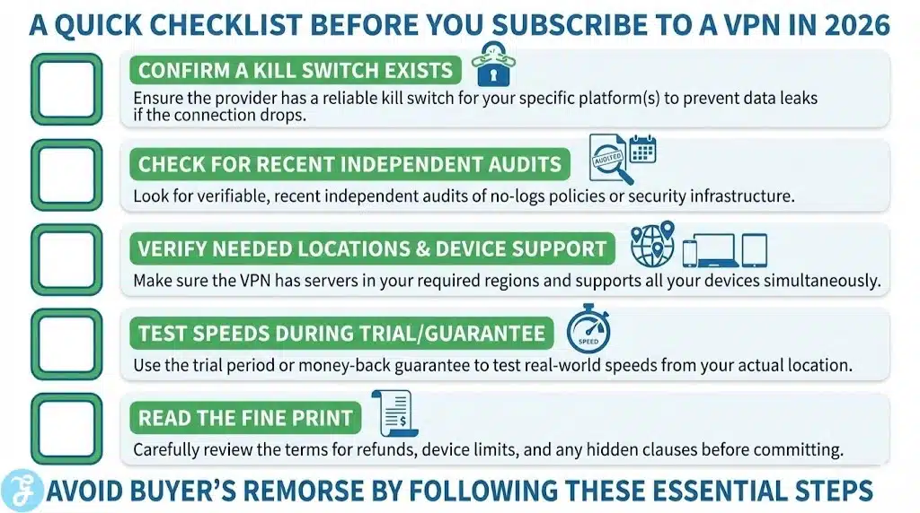 An actionable checklist infographic for users to follow before subscribing to a VPN in 2026, including points on verifying a kill switch, checking for independent audits, confirming location and device support, testing speeds, and reading the fine print.