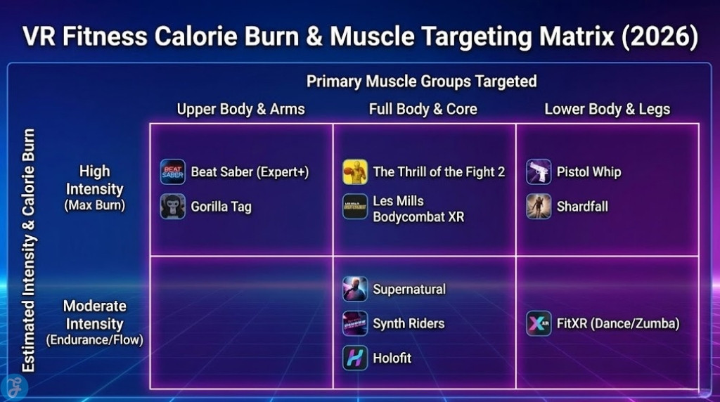 A visual matrix infographic titled 'VR Fitness Calorie Burn & Muscle Targeting Matrix (2026)', categorized by estimated intensity (High vs. Moderate) and targeted muscle groups (Upper Body, Full Body, Lower Body), featuring games like Beat Saber, Les Mills Bodycombat XR, and Synth Riders.