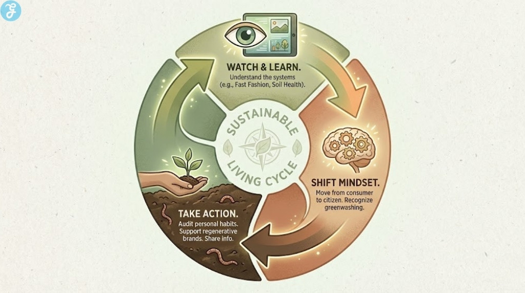 Flowchart illustrating the cycle of watching sustainability documentaries, shifting mindset, and taking real-world action.