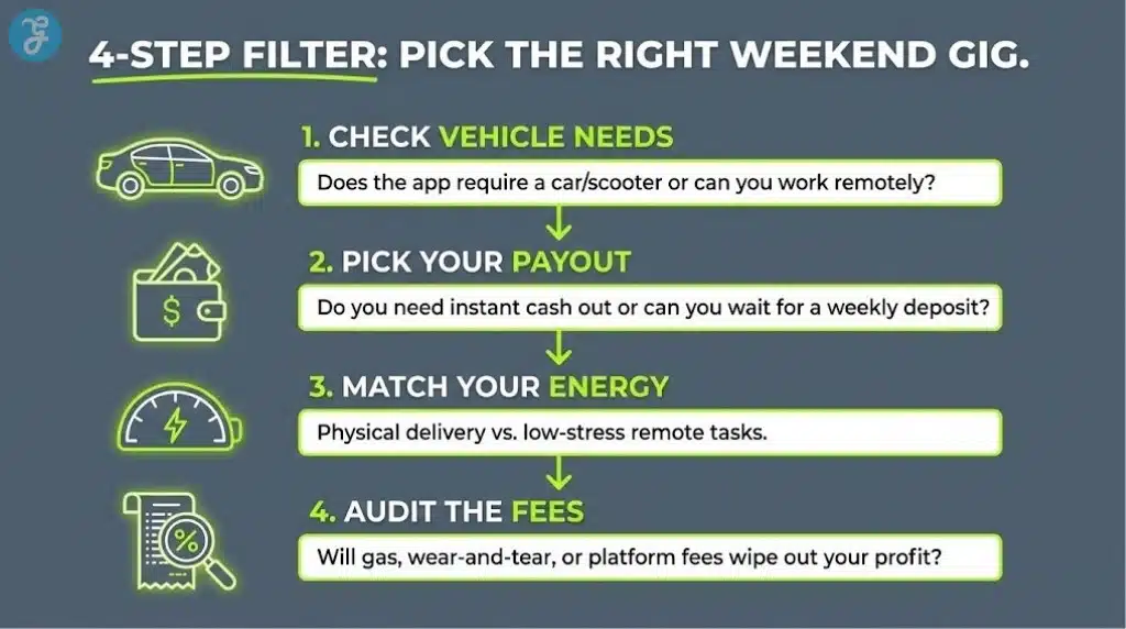 An actionable 4-step checklist infographic for choosing the best weekend side hustle app based on vehicle access, payout speed, energy level, and fees.