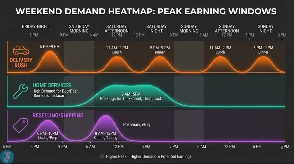 A horizontal heatmap infographic visualizing the peak earning hours for delivery, home services, and reselling apps during the weekend.