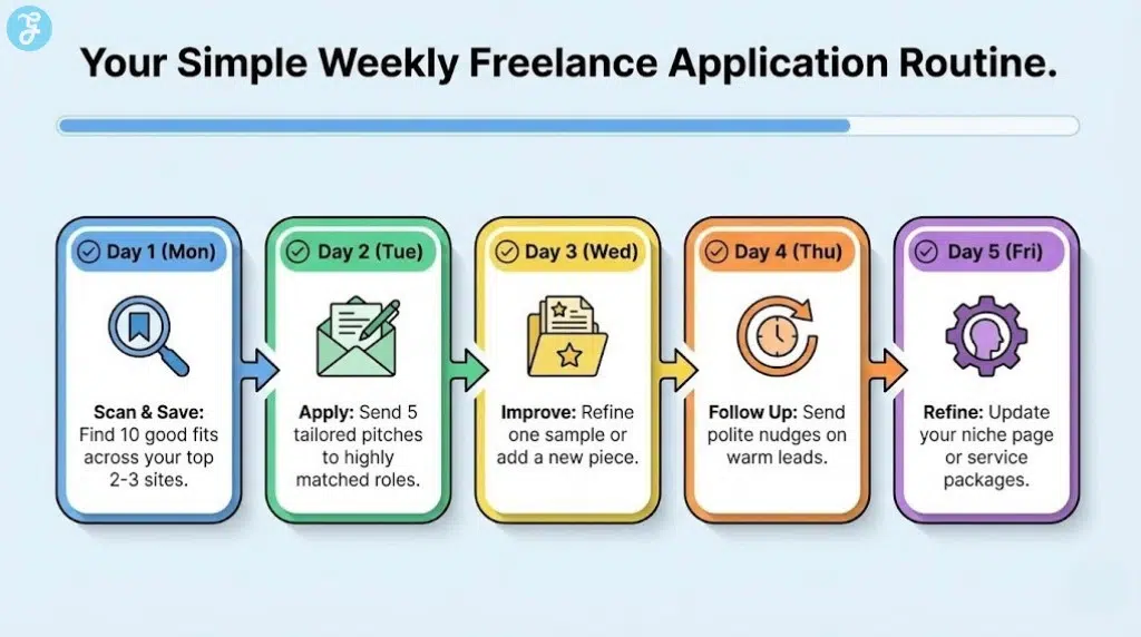 A linear timeline titled "Your Simple Weekly Freelance Application Routine". Five colored steps represent Monday through Friday: Day 1 (Scan & Save), Day 2 (Apply to 5 roles), Day 3 (Improve Portfolio), Day 4 (Follow Up), and Day 5 (Refine Niche), each with a corresponding icon.