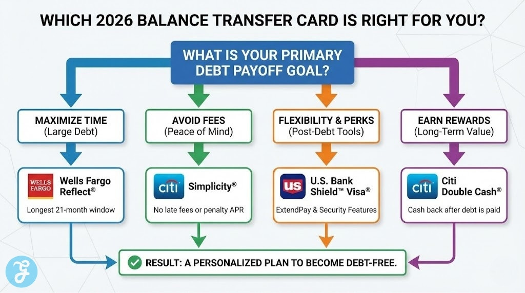 A decision flowchart infographic titled "Which 2026 Balance Transfer Card Is Right For You?". It guides users from the question "What is your primary debt payoff goal?" to one of four recommended cards (Wells Fargo Reflect, Citi Simplicity, U.S. Bank Shield, Citi Double Cash) based on their priority, such as maximizing time or earning rewards.