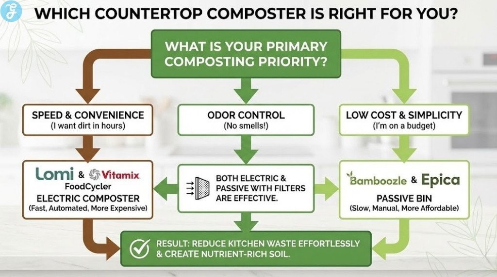 A decision flowchart infographic titled "Which Countertop Composter Is Right For You?". It guides users from the question "What is your primary composting priority?" to one of two main categories: Electric Composter (Lomi & Vitamix) for speed and convenience, or Passive Bin (Bamboozle & Epica) for low cost and simplicity, with a note that both are effective for odor control with filters.