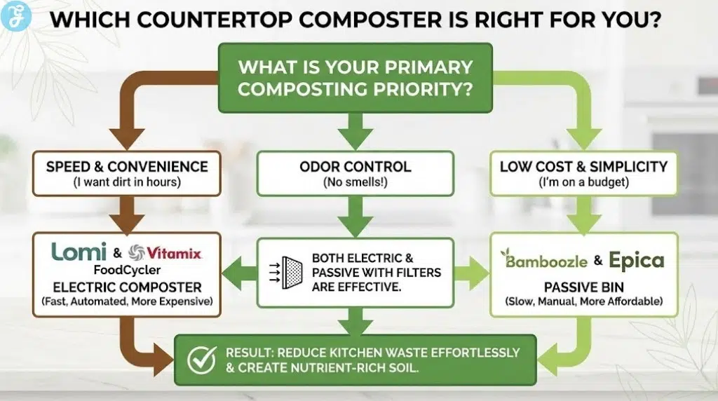 A decision flowchart infographic titled "Which Countertop Composter Is Right For You?". It guides users from the question "What is your primary composting priority?" to one of two main categories: Electric Composter (Lomi & Vitamix) for speed and convenience, or Passive Bin (Bamboozle & Epica) for low cost and simplicity, with a note that both are effective for odor control with filters.