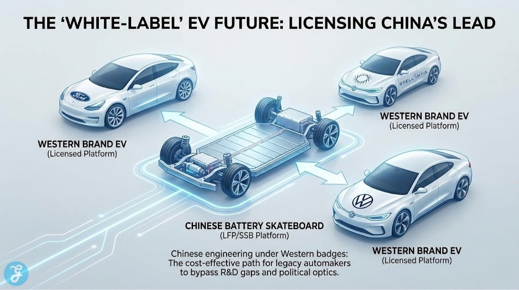 Diagram illustrating the 'White-Label' EV concept, showing Western brands like Ford and VW using a Chinese battery skateboard platform, representing a future of licensed technology.