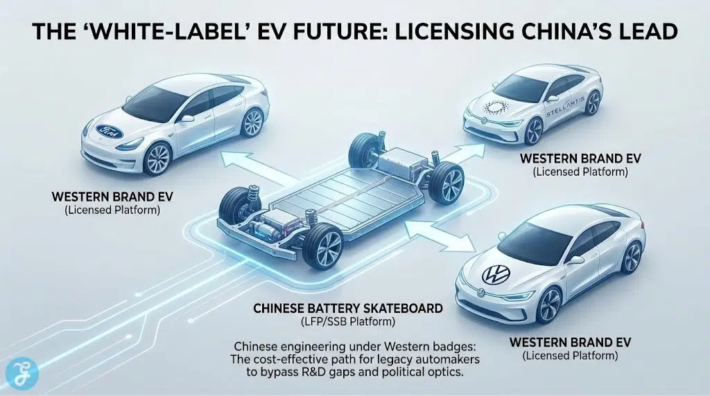 Diagram illustrating the 'White-Label' EV concept, showing Western brands like Ford and VW using a Chinese battery skateboard platform, representing a future of licensed technology.