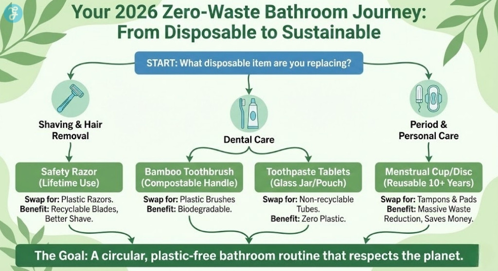 A flowchart infographic titled 'Your 2026 Zero-Waste Bathroom Journey', guiding users to sustainable swaps like safety razors, bamboo toothbrushes, and menstrual cups based on the disposable items they are replacing.