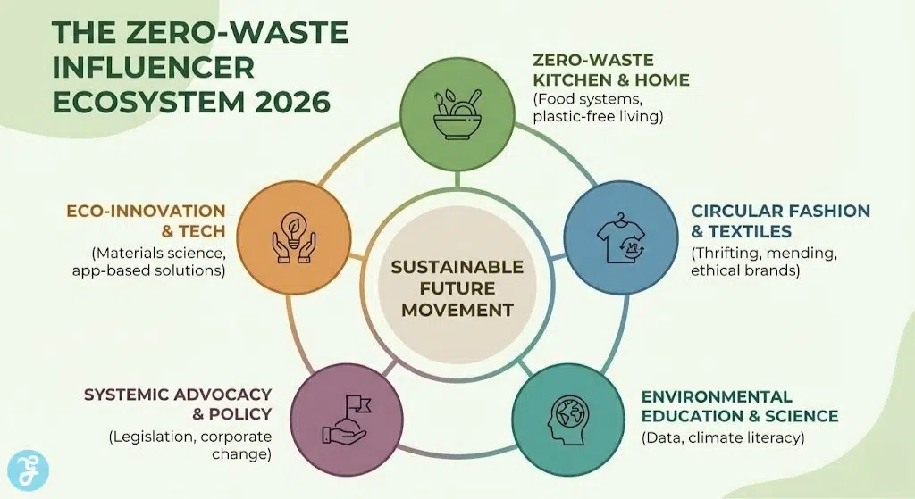 A 16:9 hub-and-spoke infographic titled "The Zero-Waste Influencer Ecosystem 2026." A central "Sustainable Future Movement" hub connects to five satellite circles representing core influencer categories: Zero-Waste Kitchen, Circular Fashion, Environmental Education, Systemic Advocacy, and Eco-Innovation.