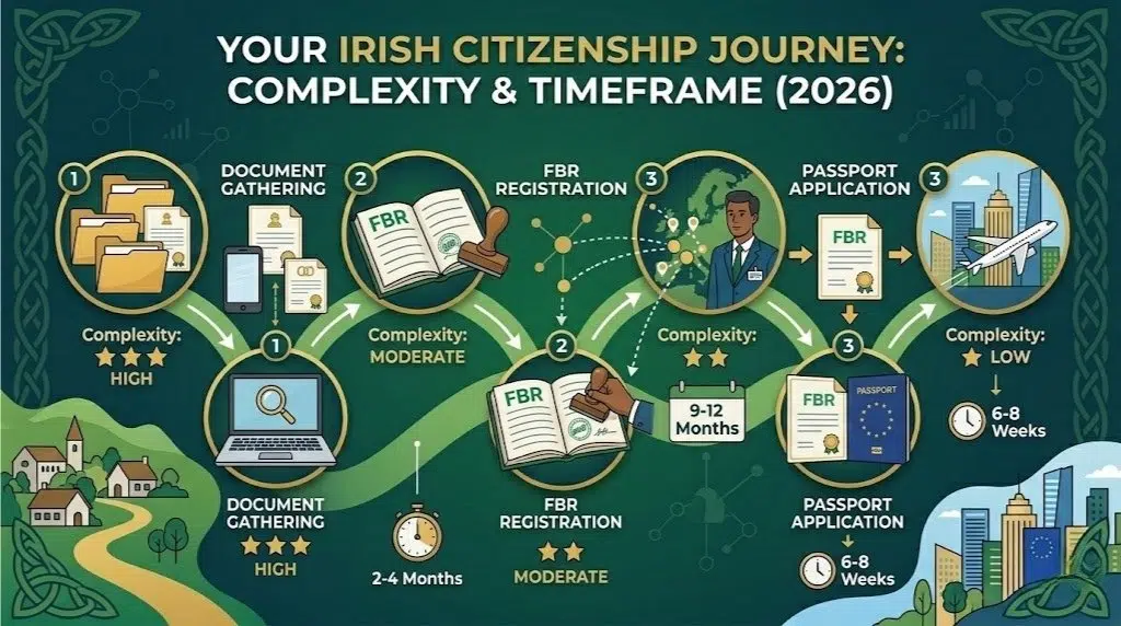 A visual timeline analysis comparing the high complexity of document gathering (2-4 months) against the moderate complexity of FBR registration (9-12 months).
