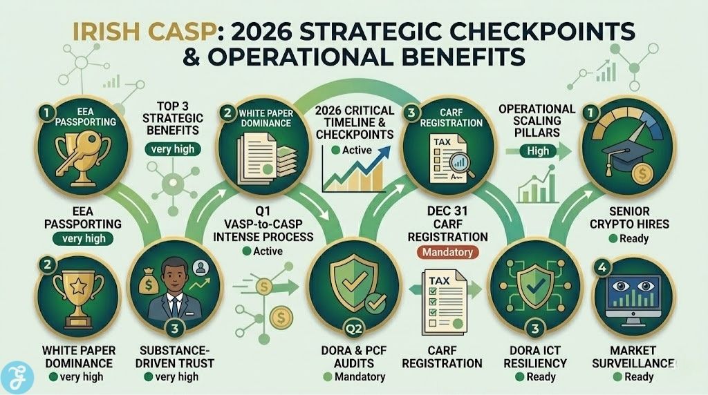 A modern dashboard infographic comparing the strategic benefits, critical 2026 timelines, and operational scaling pillars for Irish crypto companies under the new EU MiCA regulatory framework.