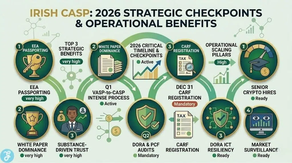 A modern dashboard infographic comparing the strategic benefits, critical 2026 timelines, and operational scaling pillars for Irish crypto companies under the new EU MiCA regulatory framework.