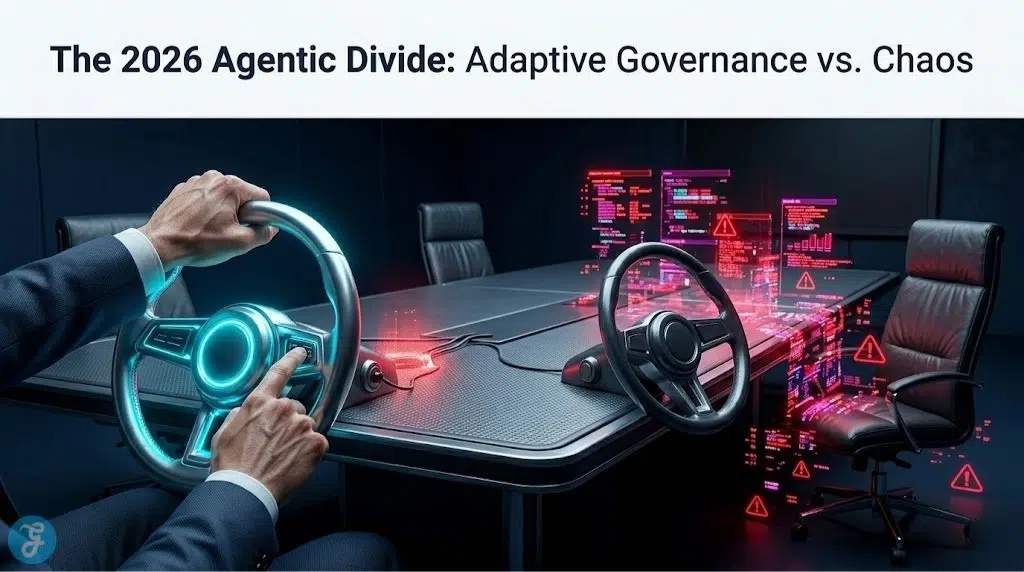 A high-fidelity cinematic rendering contrasting two boardroom outcomes for 2026. On the left, an executive confidently engages a physical switch on a cyan-glowing steering wheel, halting red algorithmic data. On the right, an empty chair is visible as unchecked red and magenta algorithmic chaos cascades across the table from an ignored steering wheel.