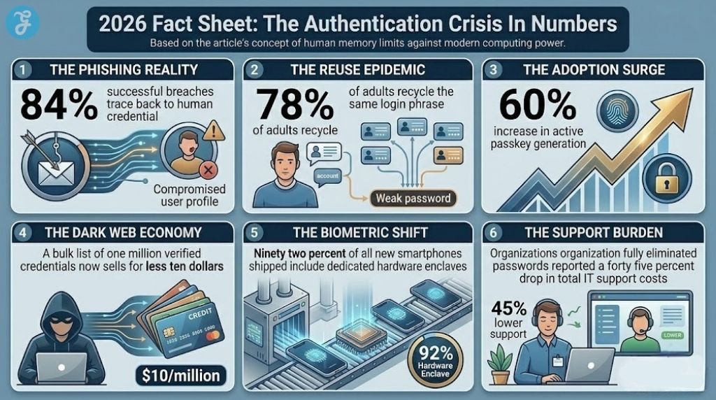 Digital dashboard infographic visualizing key statistics of the 2026 authentication crisis: phishing, reuse, adoption.