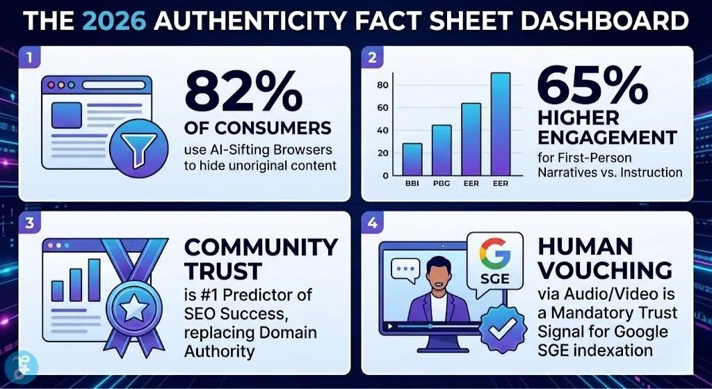 A 2026 marketing data dashboard showing that 82% of consumers use AI-sifting browsers and that first-person narratives receive 65% higher engagement than automated content.