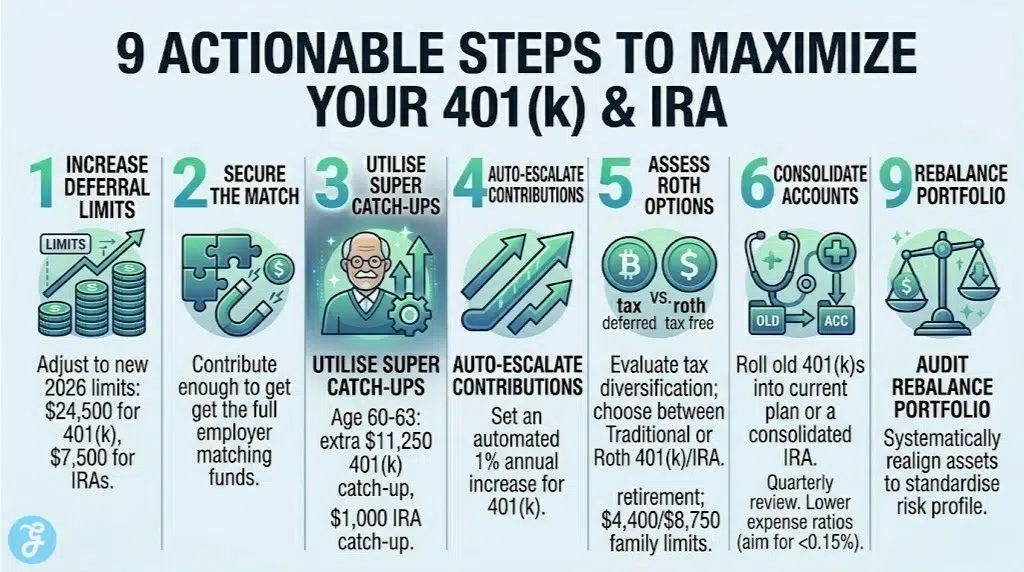 Strategic analysis for 401(k) maximization using traditional vs Roth account models.