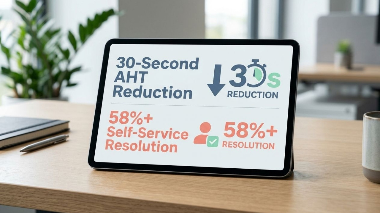 A high-end photo of a tablet displaying customer support efficiency metrics like a 30-second handle time reduction