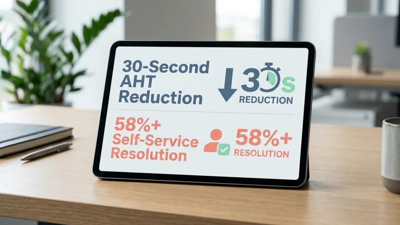 A high-end photo of a tablet displaying customer support efficiency metrics like a 30-second handle time reduction
