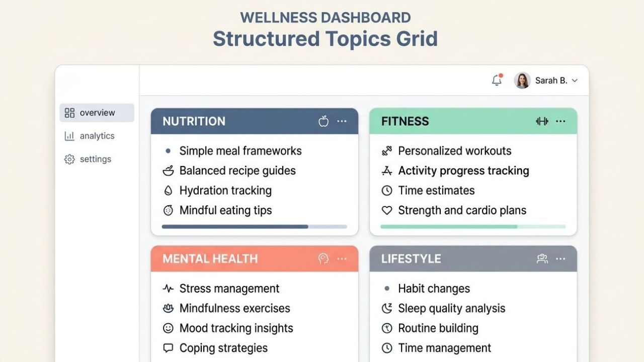 A minimalist digital dashboard displaying wellness content categories for nutrition, fitness, mental health, and lifestyle