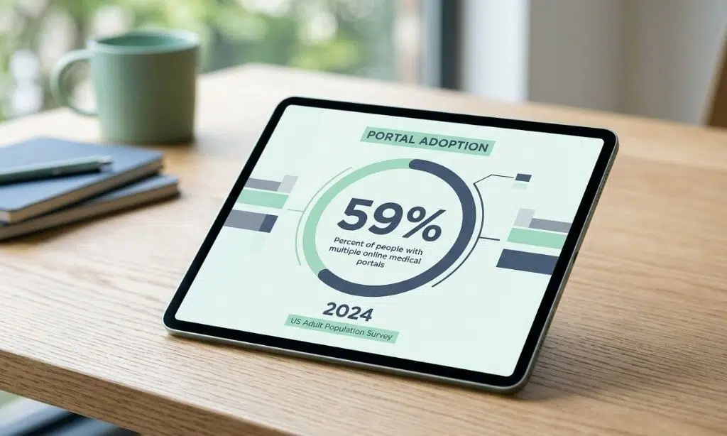 A modern tablet displaying a data point of 59 percent for 2024 medical records