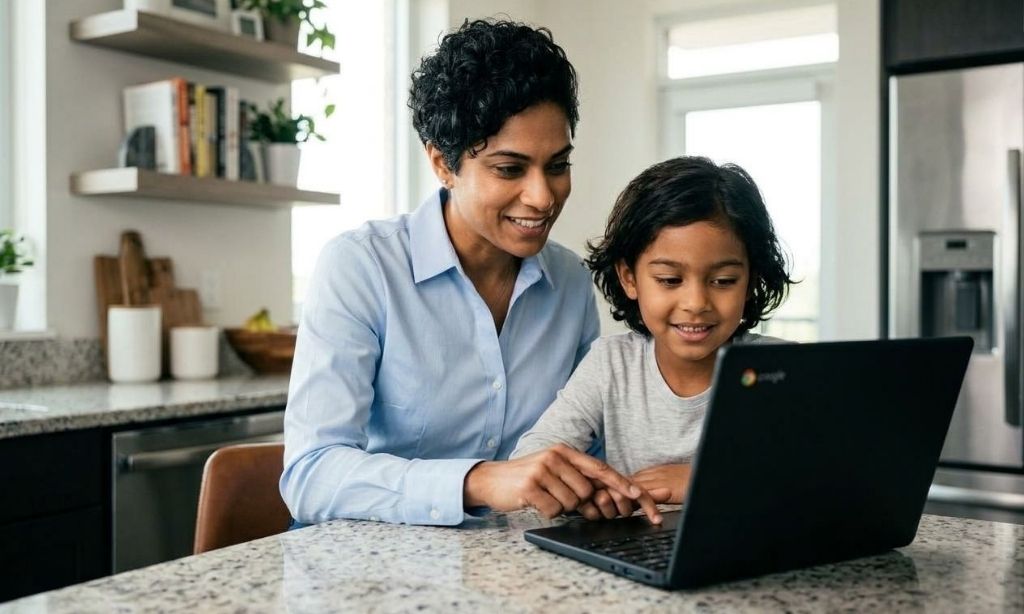 A parent guiding their child on a Chromebook to access school resources at home
