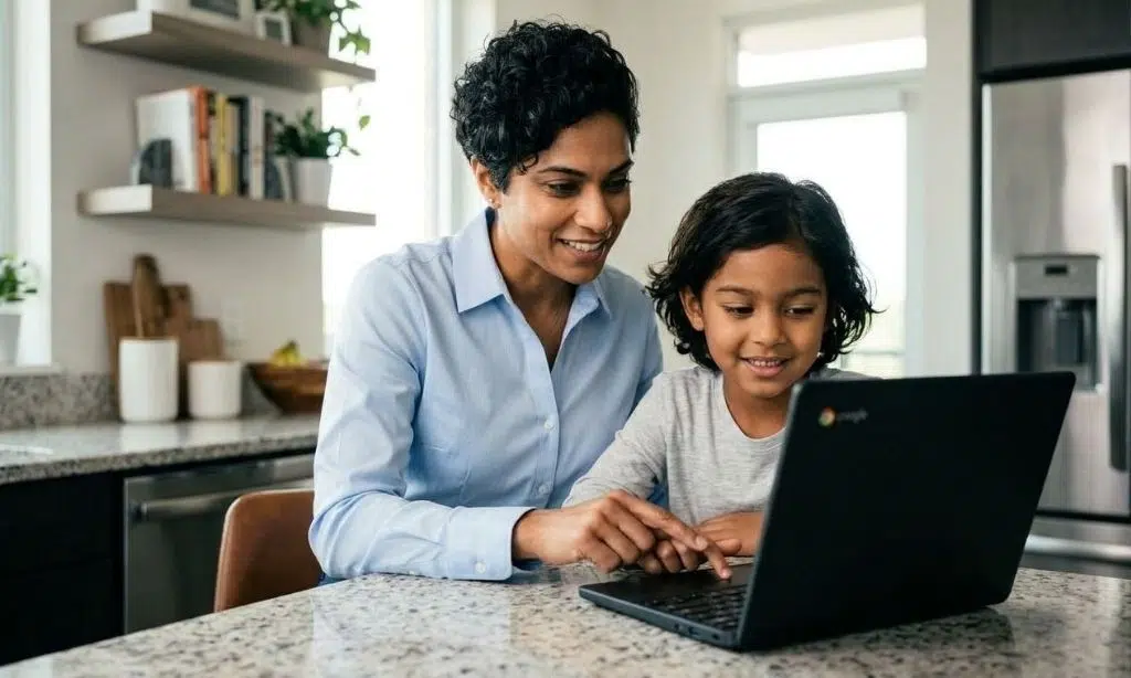 A parent guiding their child on a Chromebook to access school resources at home