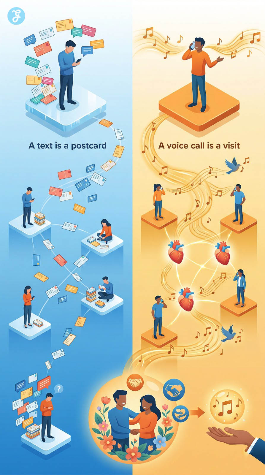 A text is a postcard. A voice call is a visit.