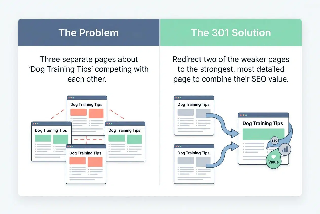 Consolidating duplicate pages 301 redirects