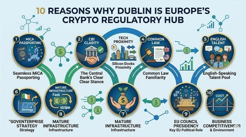 A hub-and-spoke visual detailing 10 reasons for Dublin’s rise, including MiCA passporting, tech proximity to Silicon Docks, and common law advantages.