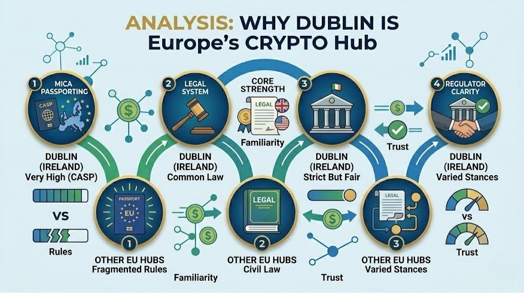 A modern infographic analysis comparing Dublin’s regulatory clarity and legal system against other European financial centres for 2026.