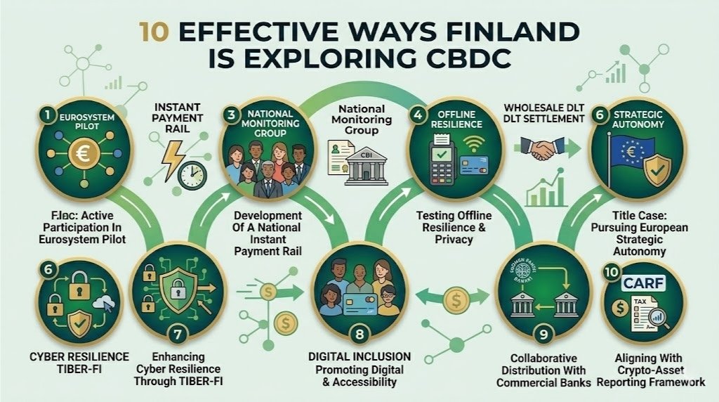 A dynamic circular diagram outlining 10 ways Finland is testing digital currency, focusing on offline privacy, cyber resilience, and the Eurosystem pilot.