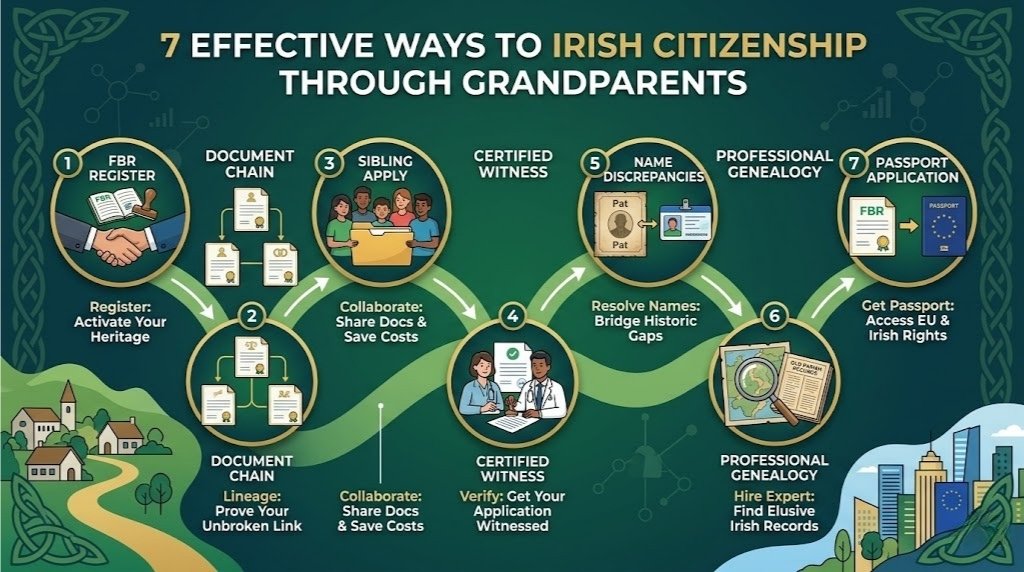 A green-themed infographic journey illustrating the 7 stages of reclaiming Irish heritage, from Foreign Birth Registration to securing an EU passport.