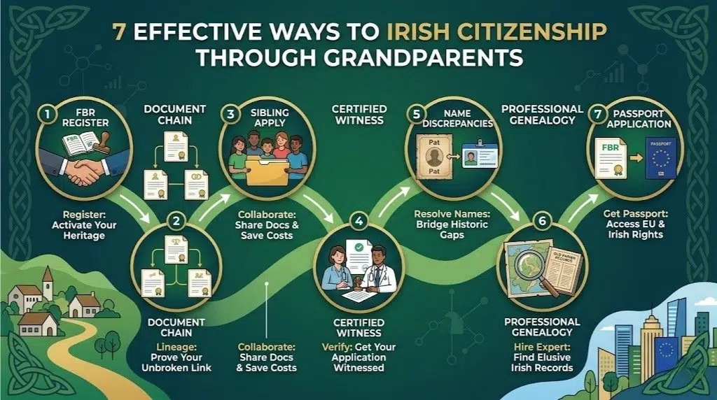 A green-themed infographic journey illustrating the 7 stages of reclaiming Irish heritage, from Foreign Birth Registration to securing an EU passport.