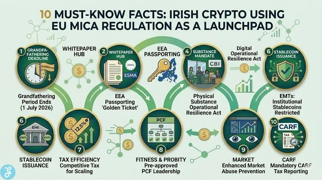 A stunning infographic illustrating 10 numbered facts about the Irish MiCA launchpad, featuring a winding green path with icons for the July 2026 transition deadline, EEA passporting, and substance mandates.