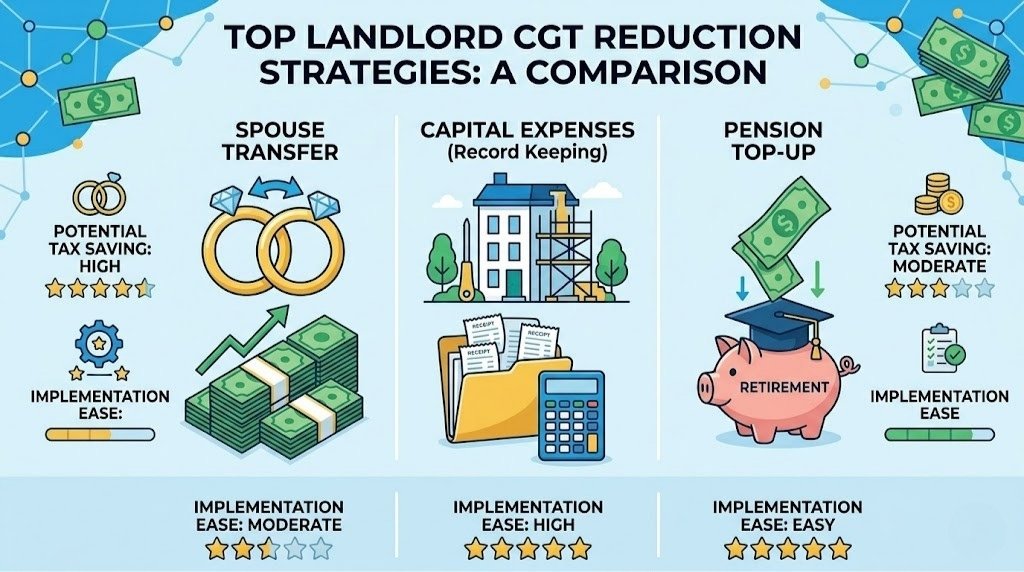 A clean comparison table for 2026 tax strategies, showing potential savings and implementation ease for Spouse Transfers, Capital Expenses, and Pension Top-ups.