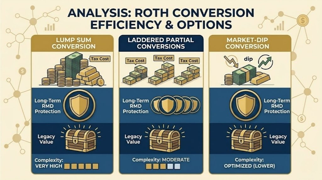 A comparative infographic showing the tax costs, RMD protection, and legacy value of Lump Sum, Laddered, and Market-Dip conversion strategies.