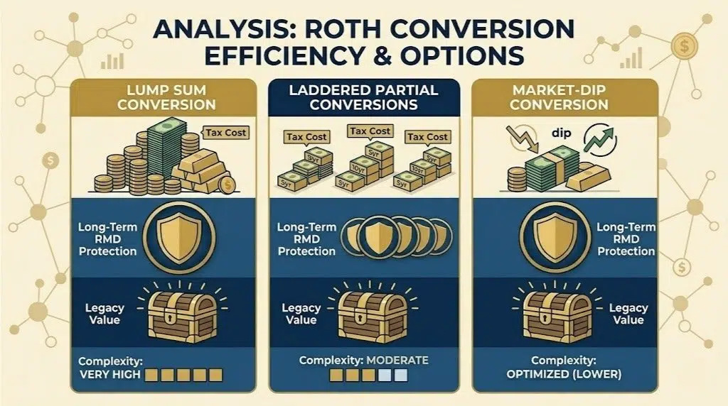 A comparative infographic showing the tax costs, RMD protection, and legacy value of Lump Sum, Laddered, and Market-Dip conversion strategies.