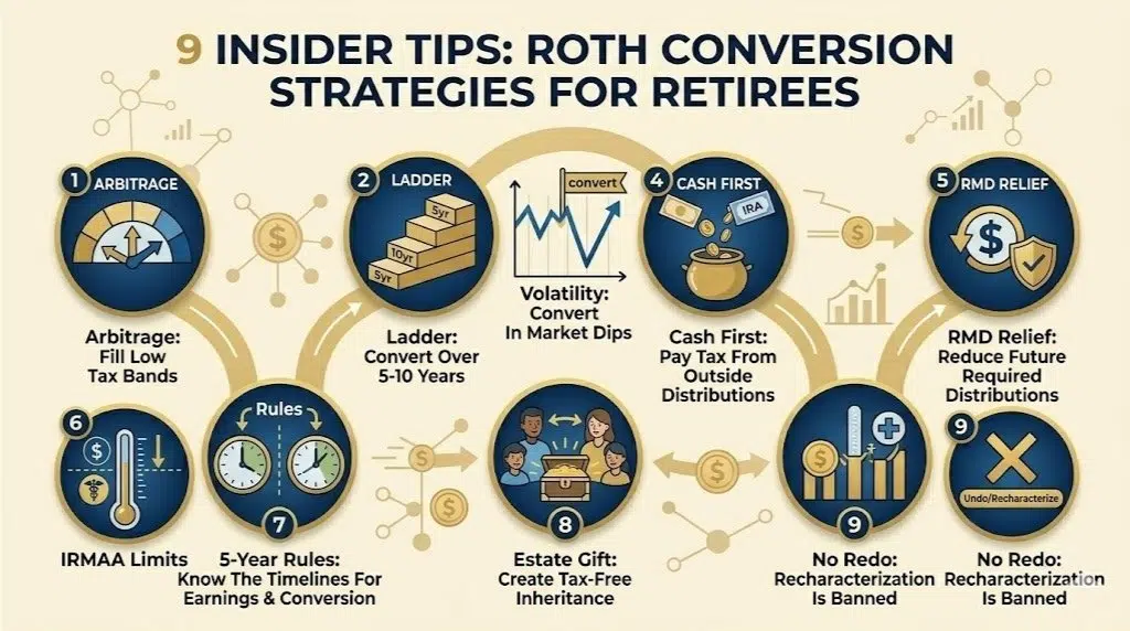 A professional gold and blue grid featuring distinct icons for 9 insider tips, including tax arbitrage, 5-year rules, and RMD mitigation for US retirees.