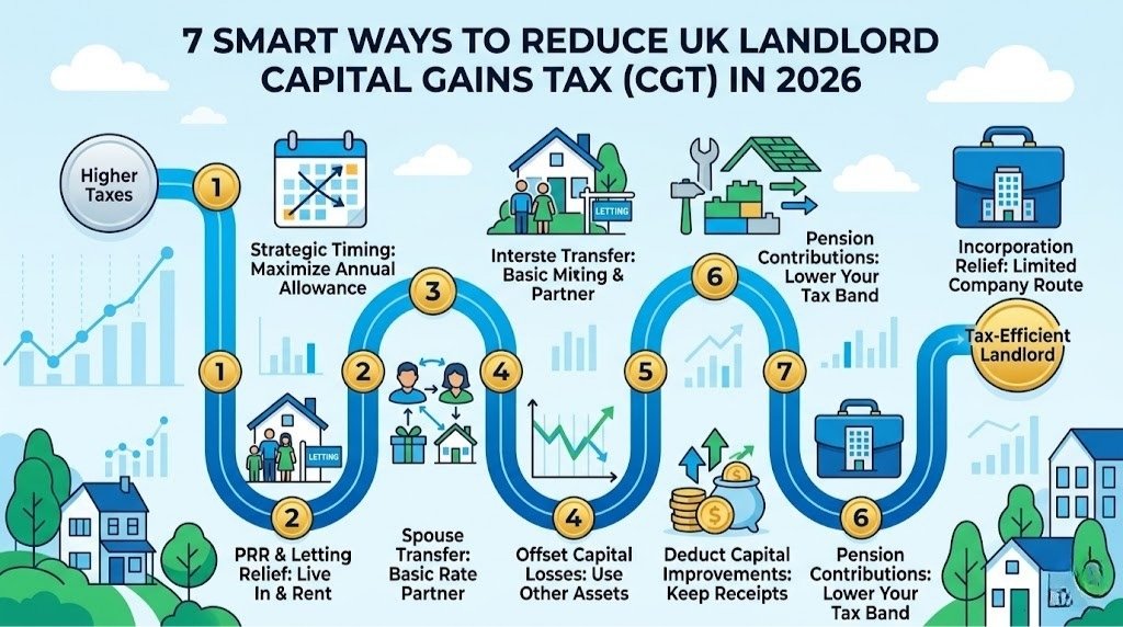 A winding blue pathway showing 7 numbered steps to reduce Capital Gains Tax for UK landlords in 2026, featuring icons for strategic timing, spouse transfers, and pension contributions.