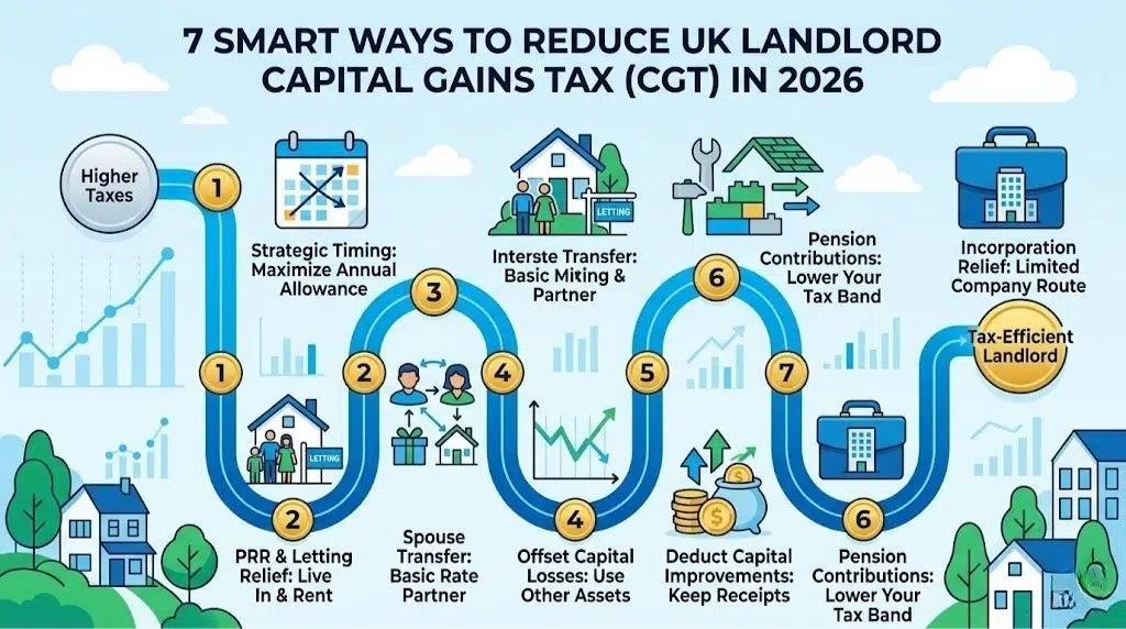 A winding blue pathway showing 7 numbered steps to reduce Capital Gains Tax for UK landlords in 2026, featuring icons for strategic timing, spouse transfers, and pension contributions.