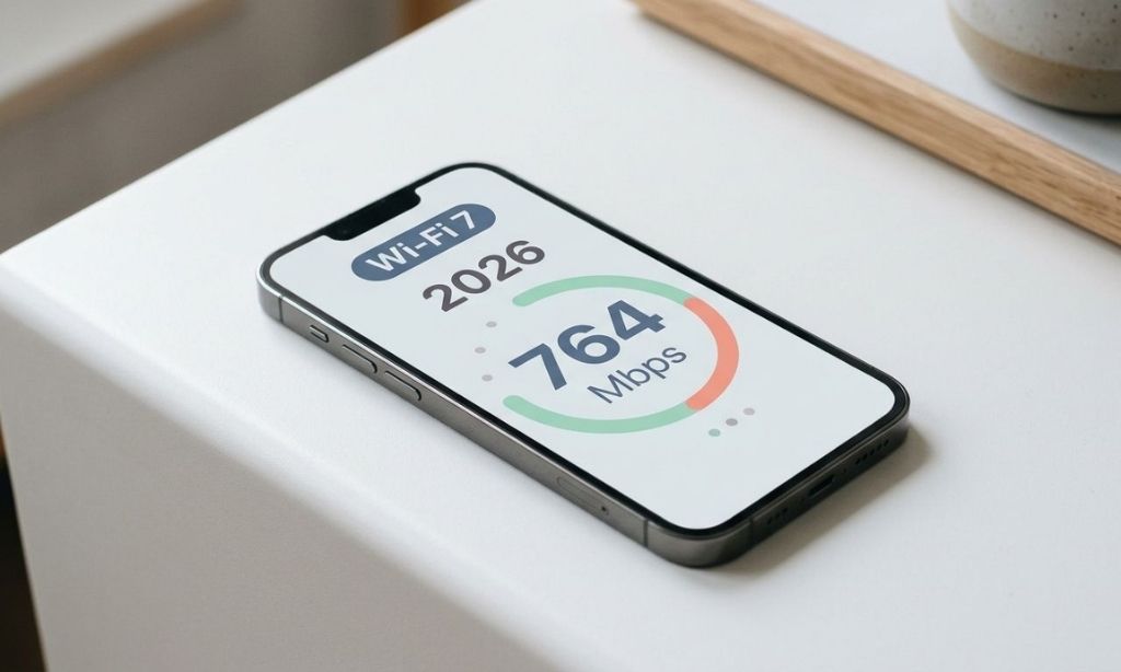 A sleek smartphone screen displaying Wi-Fi 7 connectivity speeds of 764 Mbps for the year 2026