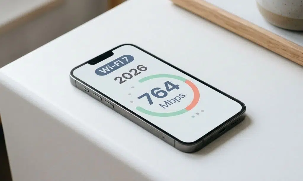 A sleek smartphone screen displaying Wi-Fi 7 connectivity speeds of 764 Mbps for the year 2026