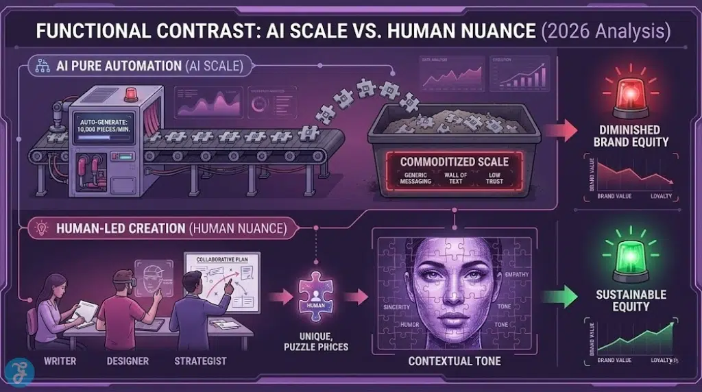 Flowchart contrasting AI commoditized scale with human-led creation of sustainable brand equity.