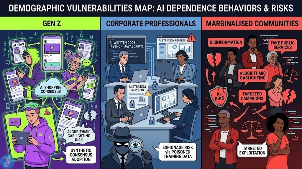 Map of AI vulnerabilities across Gen Z, corporate professionals, and marginalised communities, highlighting espionage and disinformation risks.